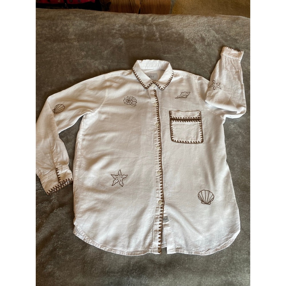 Rails Linen Embroidered Shirt Saya Top Beach Sea Shells Medium Western r2